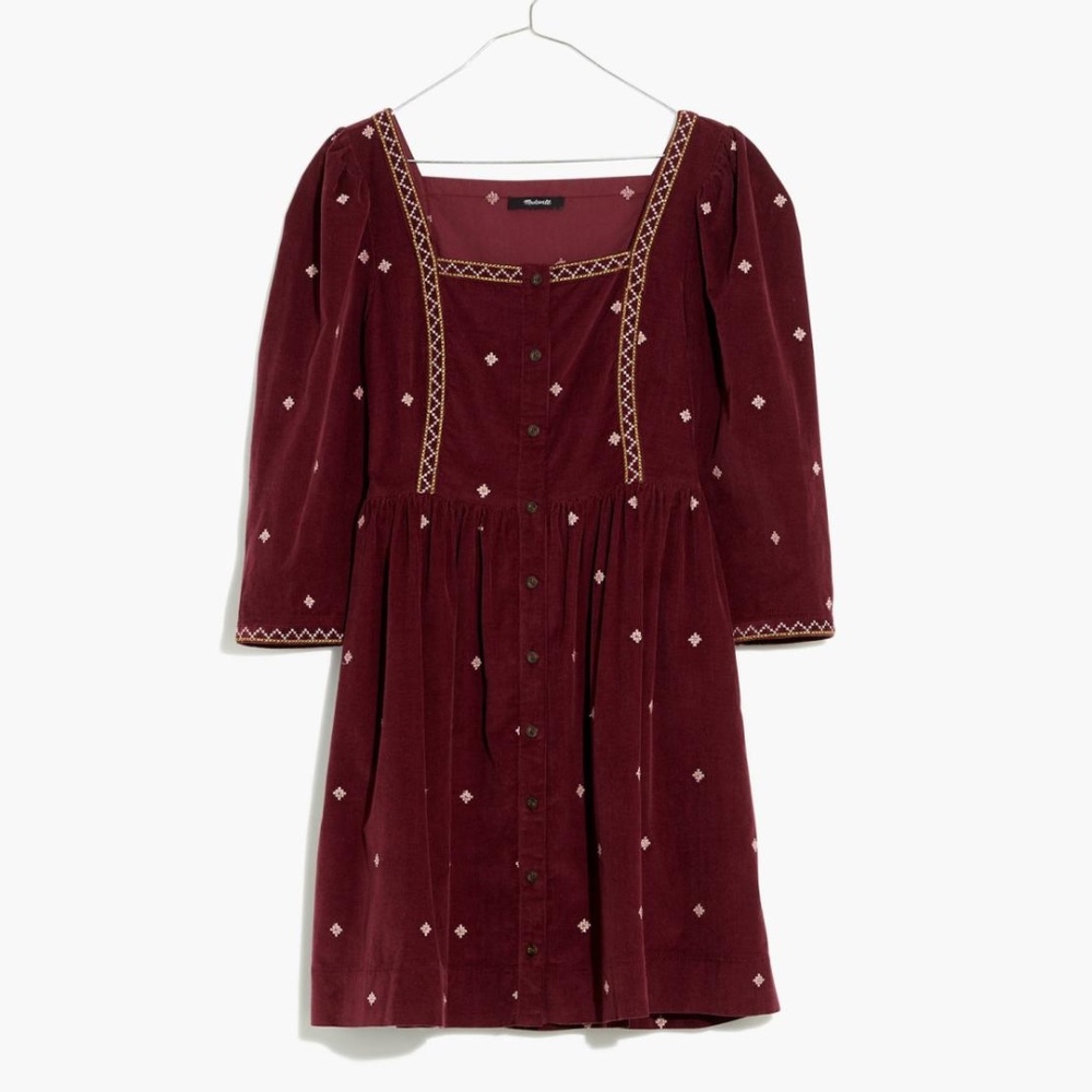 [NWOT] Madewell Embroidered Corduroy Button Front Mini Dress Dark Fig Dress